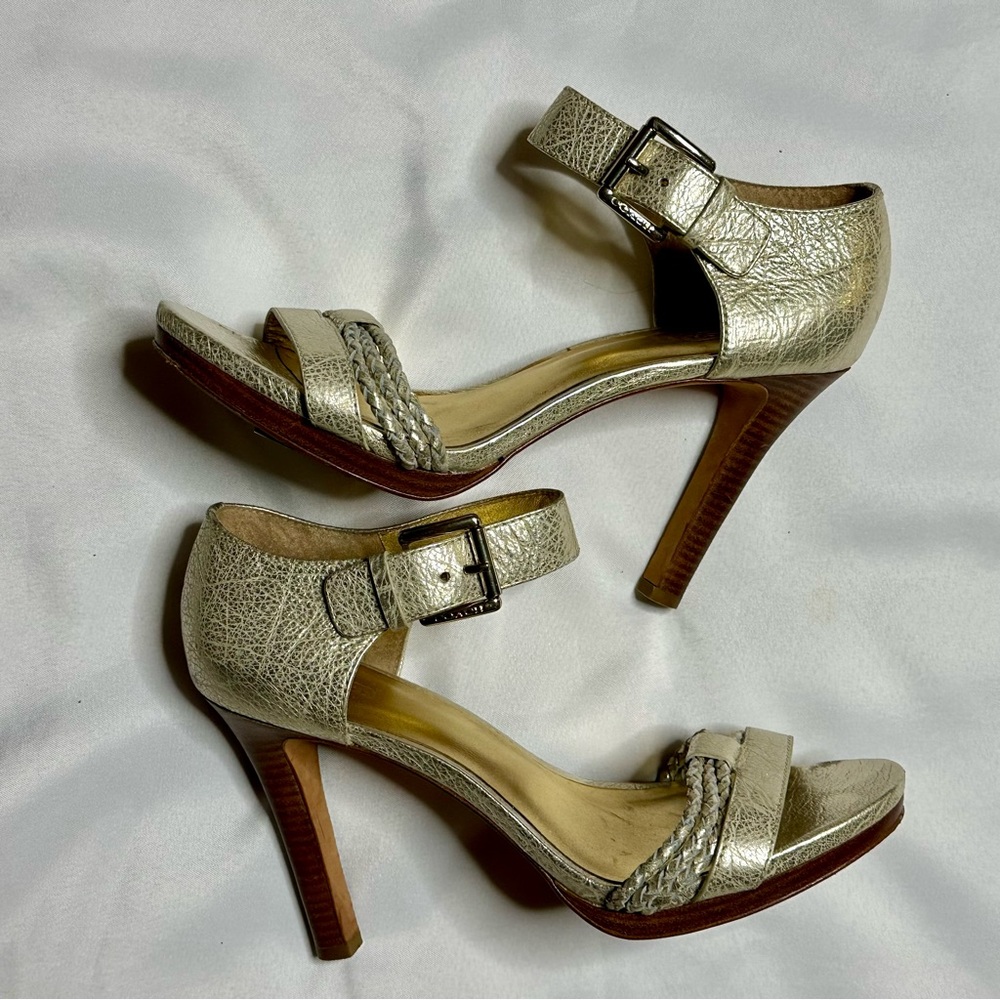 Coach Metallic Gold Braided Ankle-Strap Stack Heels Sz 10 - Picture 3 of 10